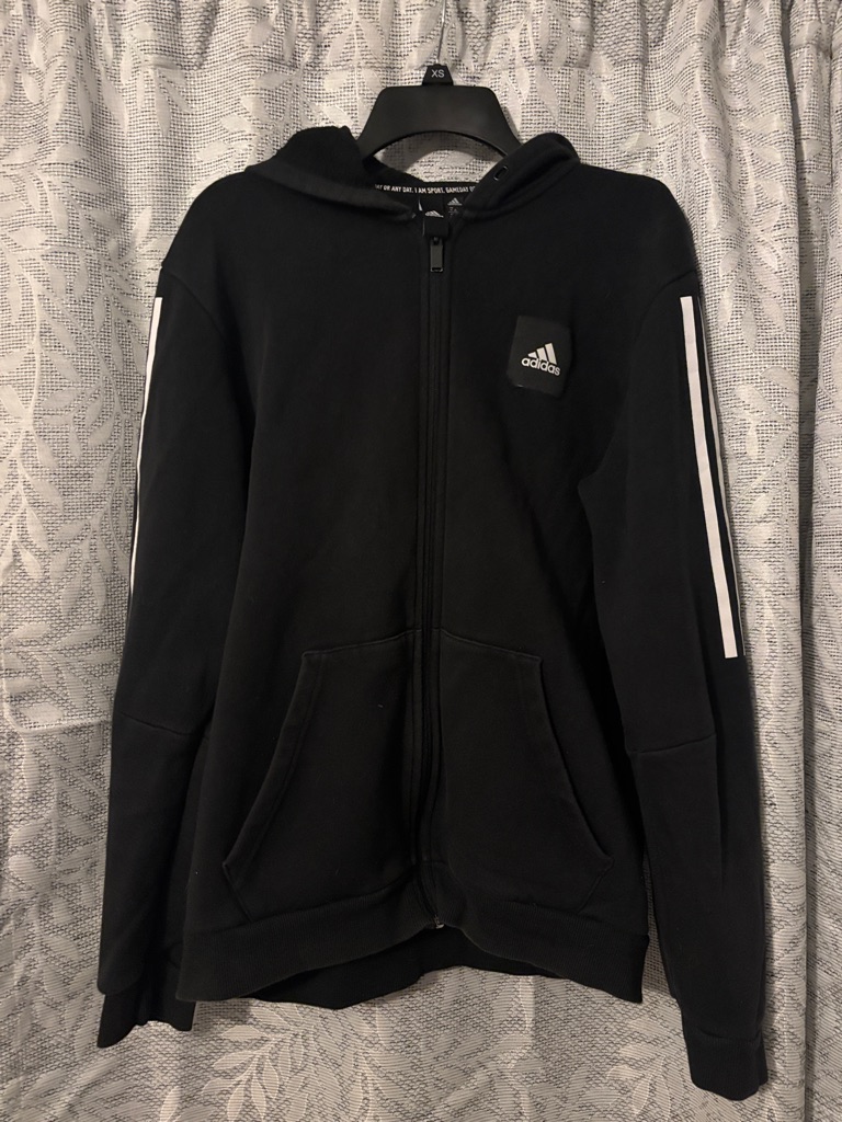 Adidas Men Black Hoodie With White Sleeve Stripes